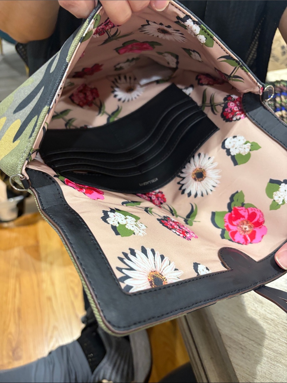 Stella & Dot Black Crossbody with Pink Floral Interior